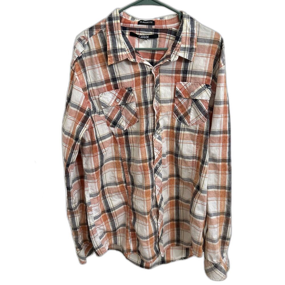 🔥🔥🔥Carbon Classic Fit Long Sleeve Button-up Plaid Men's‎ Shirt Size XXL